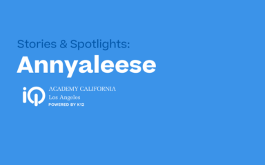 Imagen con fondo azul en la que aparece el título «Stories & Spotlights: Annyaleese» junto al logotipo de iQ Academy California Los Ángeles.